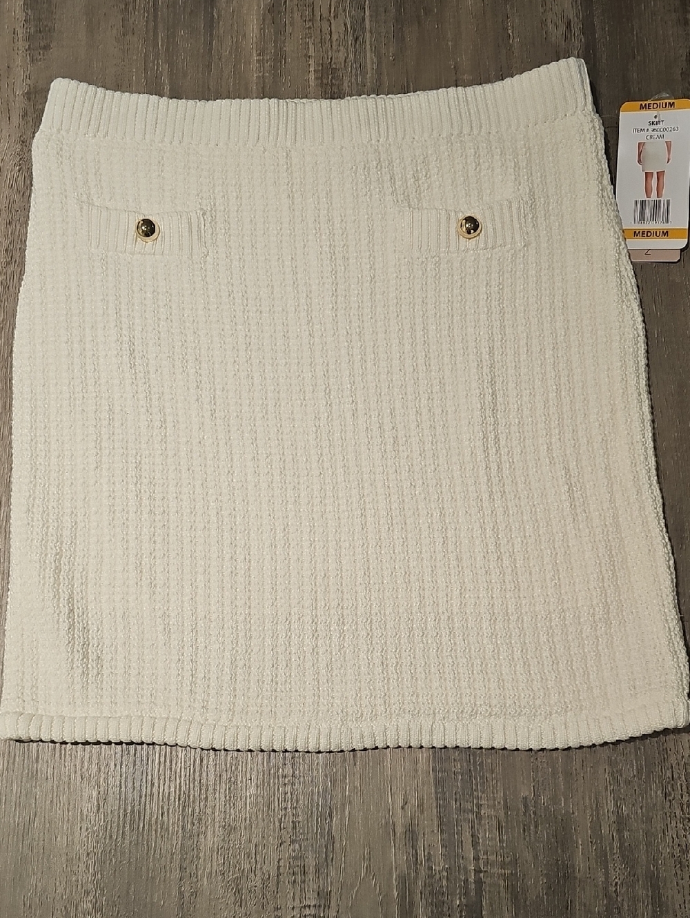 French Connection Cream Ribbed Mini Skirt with Gold Buttons